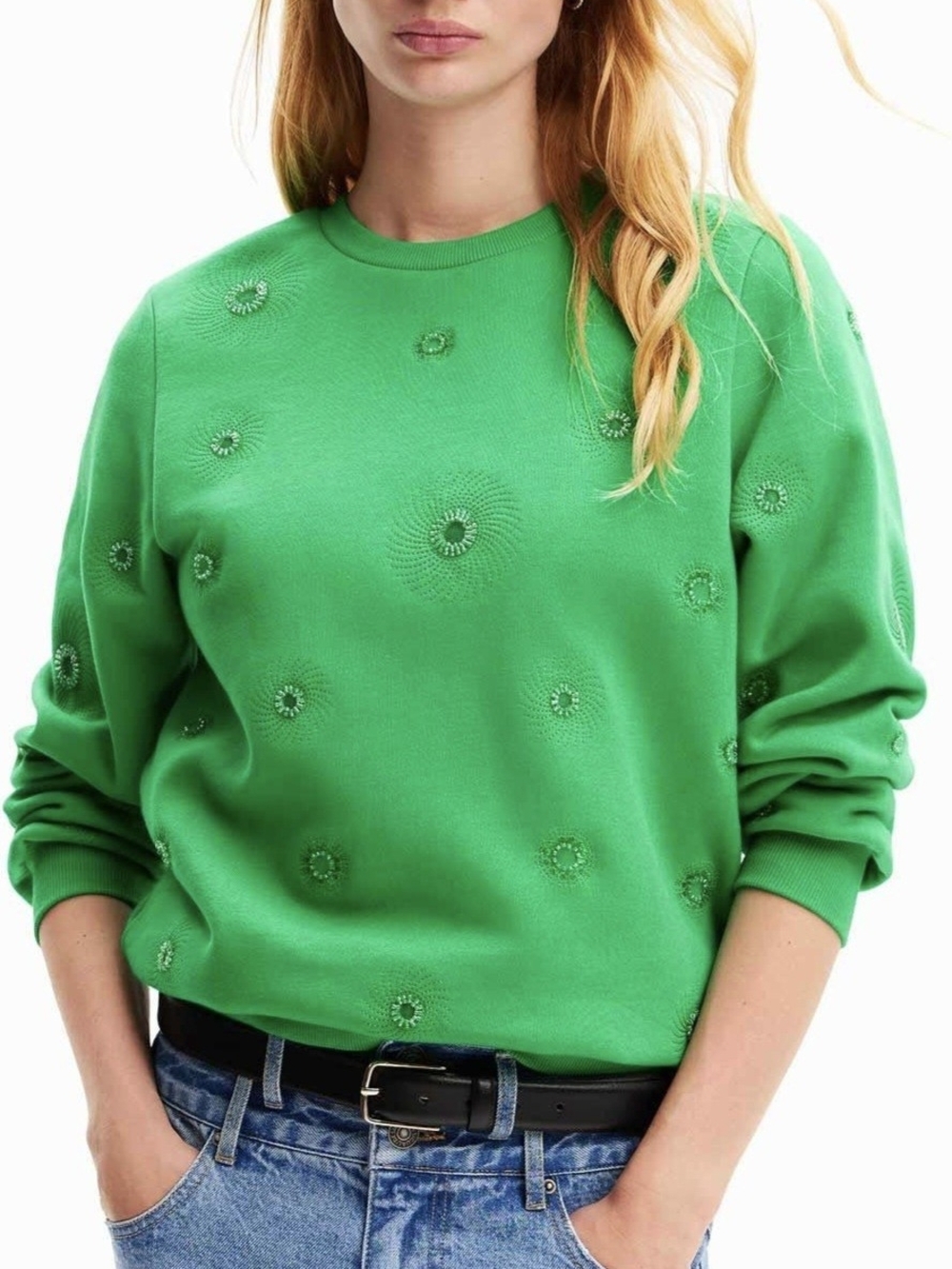 DESIGUAL Joyta Emerald Green Geometric Embellished Designer Sweatshirt L/XL